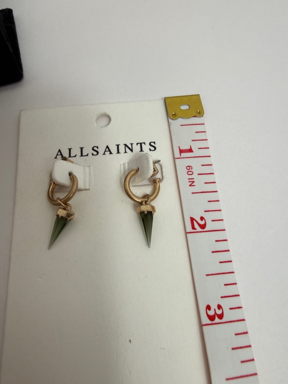 AllSaints Pierced Gold Hoops with Olive Green Spike Hang - Picture 5 of 6